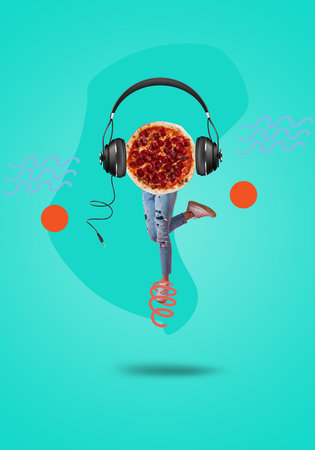 Contemporary art collage. Salami pepperoni pizza, headphones. Modern food concept.の写真素材