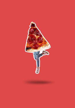 Slice of pepperoni salami pizza and the legs of a dancing woman. Contemporary art collage.の写真素材