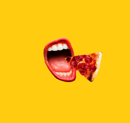 Modern art collage. Open mouth and pepperoni pizza.の写真素材