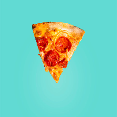 Slice of pepperoni pizza with salami on the background.の写真素材
