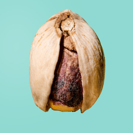 Pistachios isolated on blue background. Roasted and salted pistachios with shell.の写真素材
