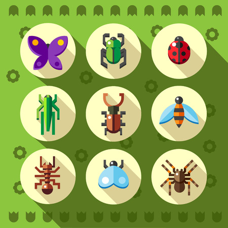 A set of colorful flat insect bug icons including ladybirdのイラスト素材
