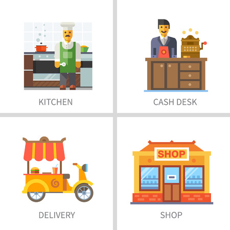 Business and finance. Kitchen cash desk delivery food shop. のイラスト素材