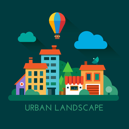 Color flat icon set and illustration urban landscapeのイラスト素材