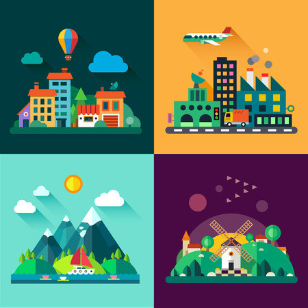 Color vector flat icon set and illustrations urban and village landscapes: nature mountains lake boating vacation sun trees house mills field city factory pollution cars skyscrapersのイラスト素材