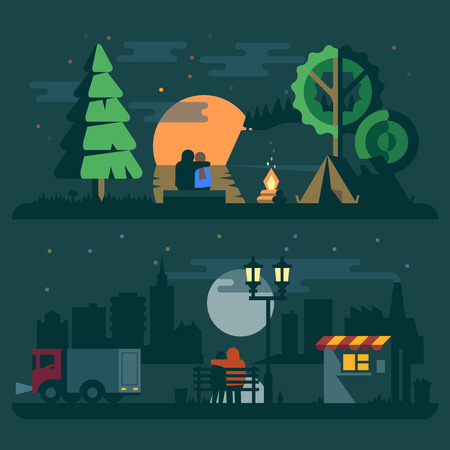 Romantic landscape with a couple in love. Forest river sunset fire tent and city truck lantern. Vector flat illustrationsのイラスト素材