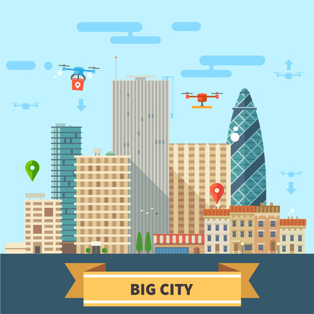 Landscape of the future. Modern technologies Big city skyscrapers and drones flying in the sky. Vector flat illustrationのイラスト素材
