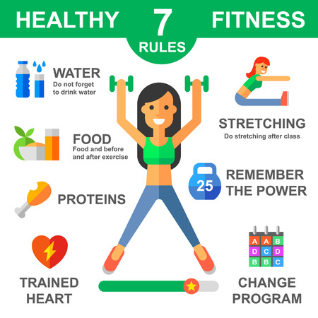 Rules of healthy lifestyle. Fitness. Sport. Vector flat illustrationsのイラスト素材