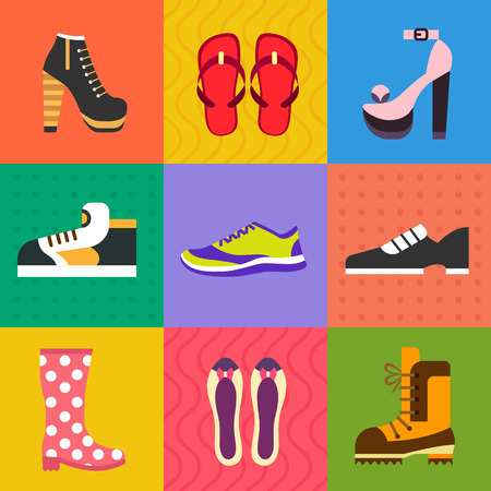 Shoes for all occasions: shoes sneakers boots. Vector flat icon set and illustrationsのイラスト素材