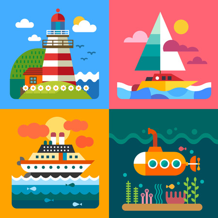 Different sea landscapes: lighthouse island ships and underwater world. Vector flat illustrationsのイラスト素材