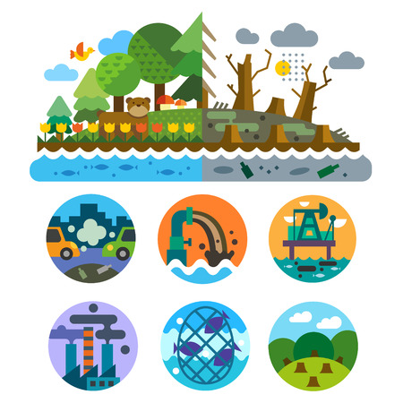 Ecological problems: pollution of water earth air deforestation destruction of animals. Mills and factories. Forest landscape. Environmental protection. Vector flat illustration and emblems setのイラスト素材