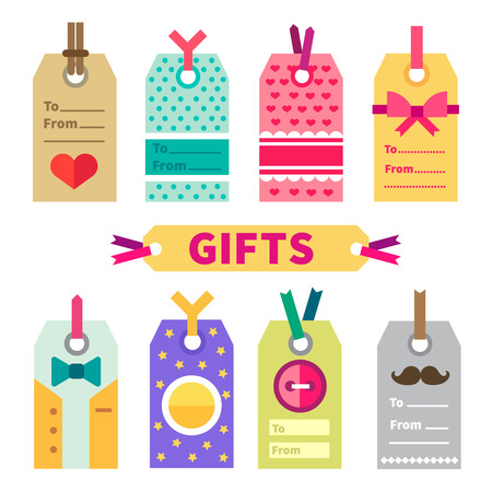 Gift set of labels and post card in flat style Gift set of labels and post card.Design element: polka dots hearts stars bows buttons ribbon mustache hipster style. Vector flat illustrationのイラスト素材