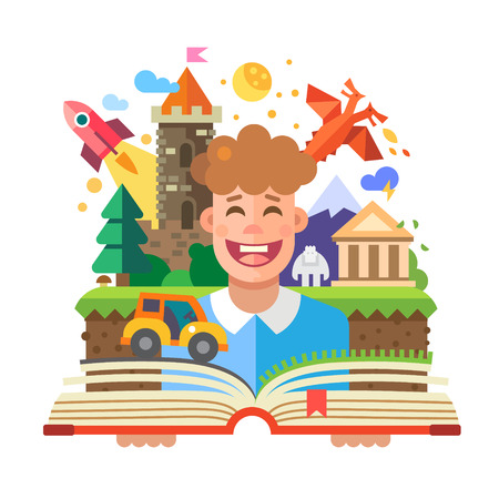 Imagination concept child with open book. Fairy Tales: characters castle dragon rocket car yeti temple mountain. Vector flat illustrationのイラスト素材