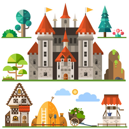 Medieval kingdom element: stone castle wooden house trees rocks well haystacks. Vector flat illustrationsのイラスト素材