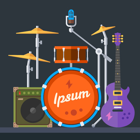 Musical instruments: guitar drums cymbals synthesizer speaker microphone. Vector flat illustrationのイラスト素材