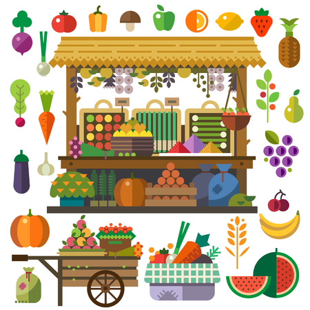 Food market. Vector flat vegetables and fruits. Carrot pumpkin onion tomato pepper pineapple cherry banana grapes apple pear. Vector flat illustrations and icon setのイラスト素材