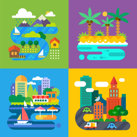 Summer landscapes. Vacation and travel. Alpine village tropical island big city provincial town. Vector flat illustrationsのイラスト素材