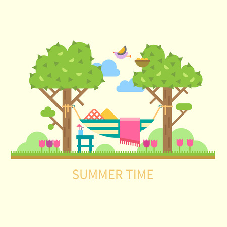 Summer landscape with a hammock trees flowers birds. Vector flat illustrationのイラスト素材