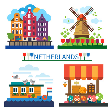 Welcome to Netherlands: windmill on field with tulips old houses houseboat cheese market. Vector flat illustrations.のイラスト素材