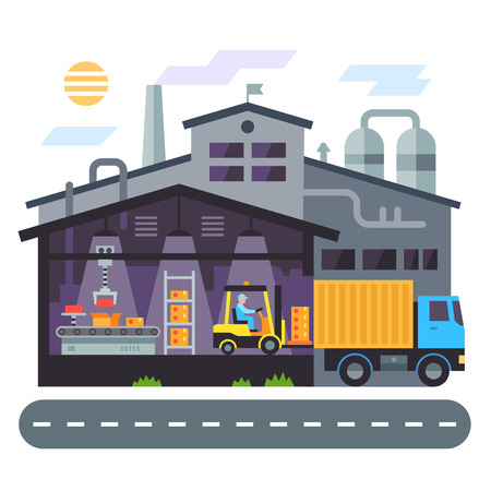 Warehouse building. production. Vector flat illustrationのイラスト素材