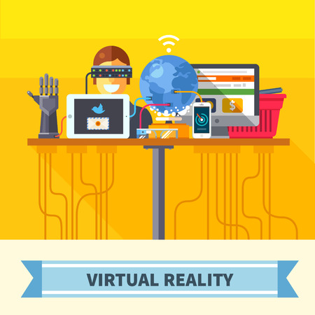 Virtual reality. New technologies and on line shopping. Mobile and computer systems. Devices. Vector flat illustrationのイラスト素材