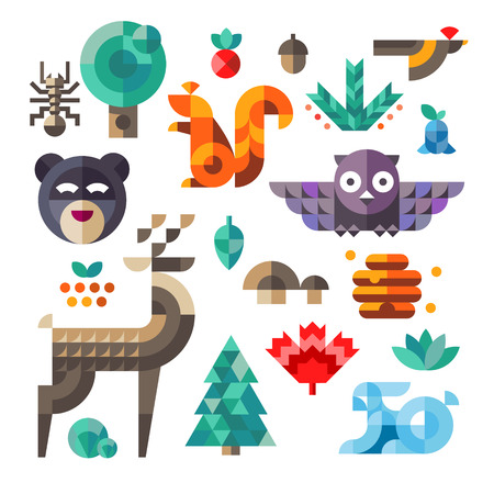 Vector set of cute flat various forest icons geometric proportions. Forest animals contain owl deer squirrel rabbit.のイラスト素材