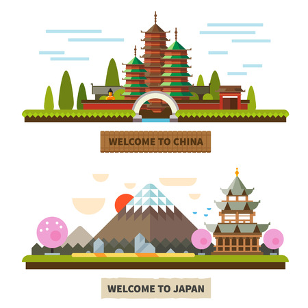 Welcome to Japan and China. Temples and Mount Fuji landscapes. Vector Flat illustrationsのイラスト素材