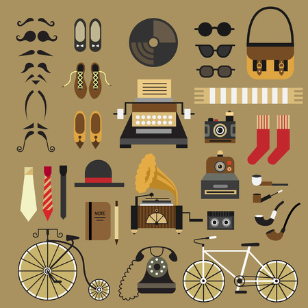 Retro set in flat style Retro set hipster style: mustache glasses shoes tie hat socks bag camera typewriter telephone patifon bike notepad. Vector flat icon set and illustrationsのイラスト素材