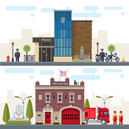 Landscape with buildings police and fire station. Protection of life health and property of people. Vector flat illustrationのイラスト素材