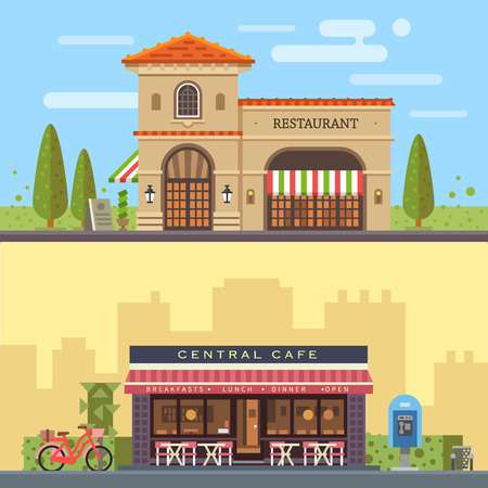 Landscape with buildings restaurant and cafe. Cityscape. Vector flat illustrationのイラスト素材