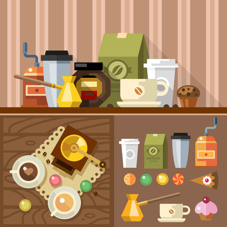 Coffee in process devices for making coffee. offee grinder coffee maker cup beans biscuits and sweets Vector flat illustrationのイラスト素材