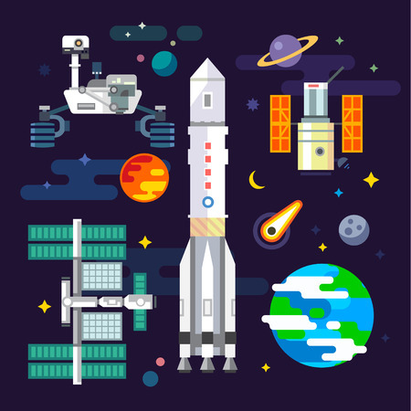Spacecraft and space industry elements in vector flat illustration: moon planets comets roverのイラスト素材
