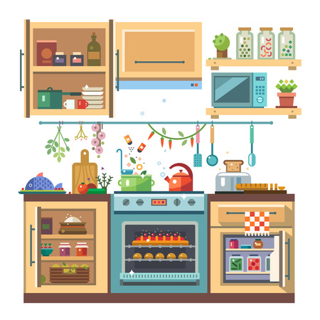 Home kitchenware food and devices in color vector flat illustration. Stove oven with baking refrigerator condimentsのイラスト素材