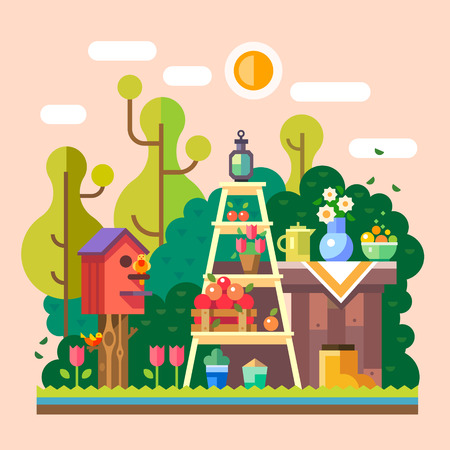 Summer in village garden. Countryside. Flowers fruits vegetables. Vector flat illustrationのイラスト素材