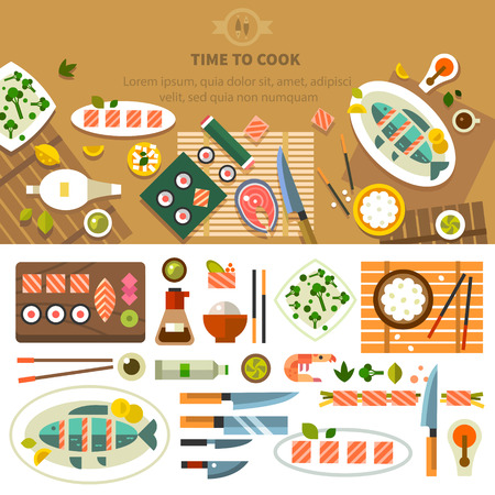 Dining table with dishes in top view. Restaurant asian cuisine: chef prepares sushi and fish. Devices for cooking kitchenware. Vector flat illustrationのイラスト素材