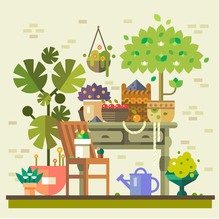 Harvest in countryside. Table with flowers vegetables and fruits warehouse watering and care. Summer village. Vector flat illustrationのイラスト素材