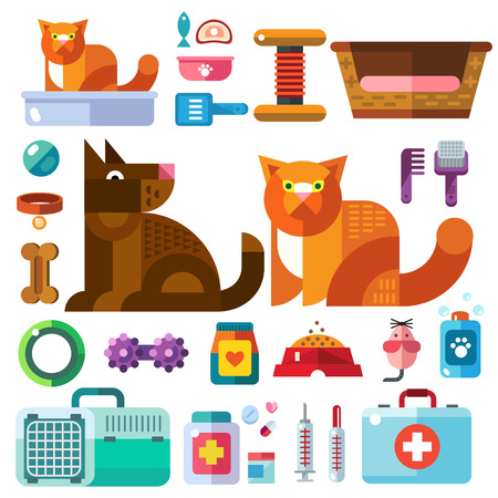 Domestic animals with their toys. Pet shop. Accessories goods for care of pets in icons color vector flat illustrationのイラスト素材