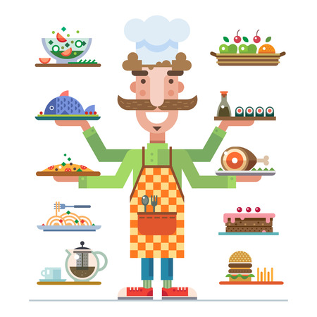 Chef offers a range of beautiful served dishes. Meal in a restaurant. Career in catering. Catering business. Vector flat illustrationのイラスト素材