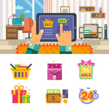 Shopping in internet order the online store up to the house. Man with tablet buys goods via internet. Vector flat illustration and icon setのイラスト素材