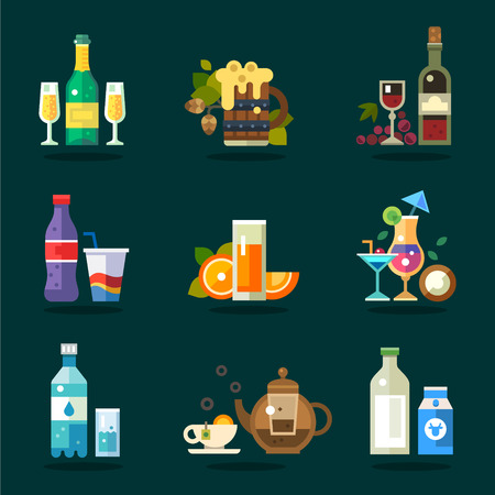 Vector drink icon set. Variety of flat serving beverages in ware