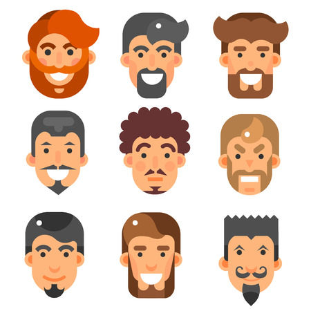 Vector flat bearded male heads set. People characters different smiled and angry faces stylish hairs men emotions illustrationsのイラスト素材