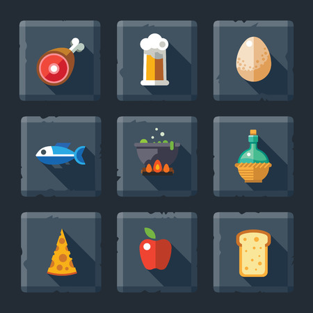 Cartoon vector flat relief game icon set on stone. Food and drink: meat eggs soup fish pizza cheese bread apple fruit beer wine juice.のイラスト素材
