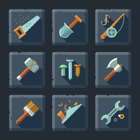 Cartoon vector flat relief game icon set on stone. Tools and supplies: saw shovel fishing rod hook hammer nail ax brush planer wrench screwdriver bolt screw.のイラスト素材