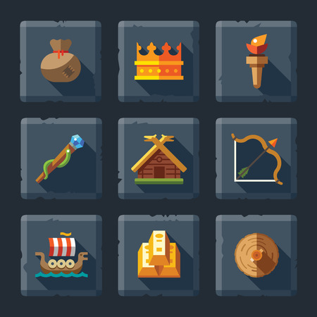 Cartoon vector flat relief game icon set on stone. Magic kingdom: crown house boat ship bag stick torch bow and arrows woodのイラスト素材
