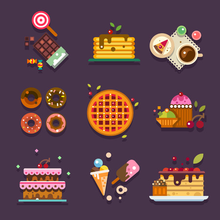 Bakery shop. Types of home-made sweets, cakes and pastries and various delicious food. Paradise for the sweet tooth. Vector flat illustrationのイラスト素材