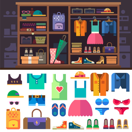 Wardrobe, items of personal style for women. Women's clothes and shoes for sports and rest. Closet with shelves and drawers. Vector flat illustrationのイラスト素材