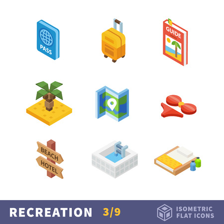 Isometry travel flat icon set. Vector traveler set in a warm country during the holidays. Summer vacation on beach resortのイラスト素材