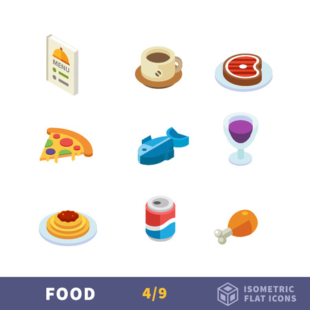 Isometry food flat icon set. Food and drink. Restaurant and cafe menuのイラスト素材
