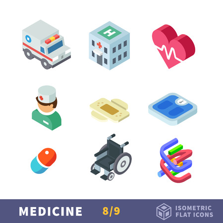 Isometry medicine flat icon set. Health care workers, taking care of your health and body. Beauty and healthy lifestyleのイラスト素材