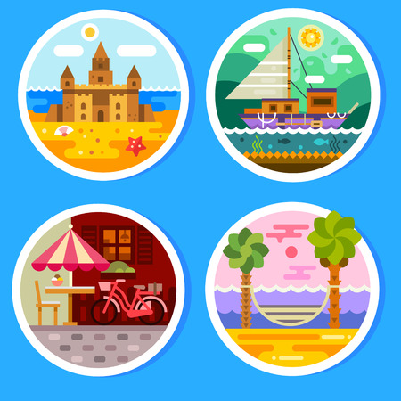 Summer landscapes in round badges. Views of the beach: sandcastle and hammock near the ocean. Yacht in the free voyage. Summer cafe in the city center. Vector flat illustrationのイラスト素材